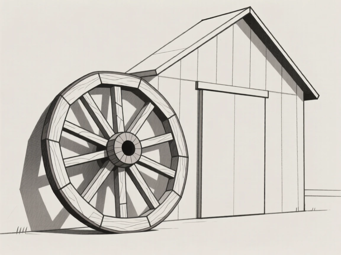 An old wooden wagon wheel leaning against a barn