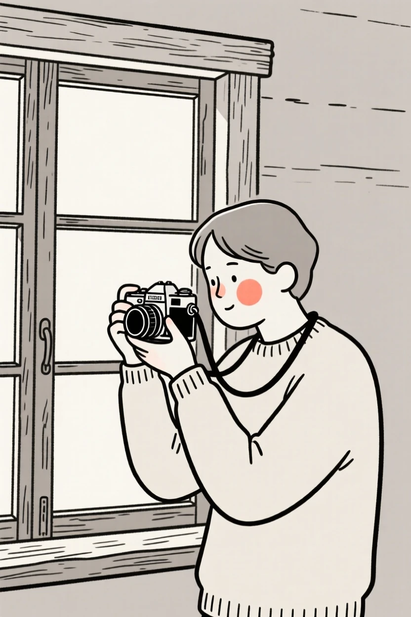 A photographer of norwegian heritage adjusting a vintage camera, resting in calm stillness, by a rustic farmhouse window.