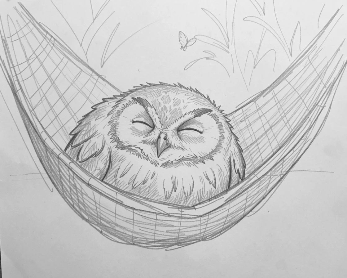 A wise-looking owl dozing in a hammock, with a butterfly resting on its nose.