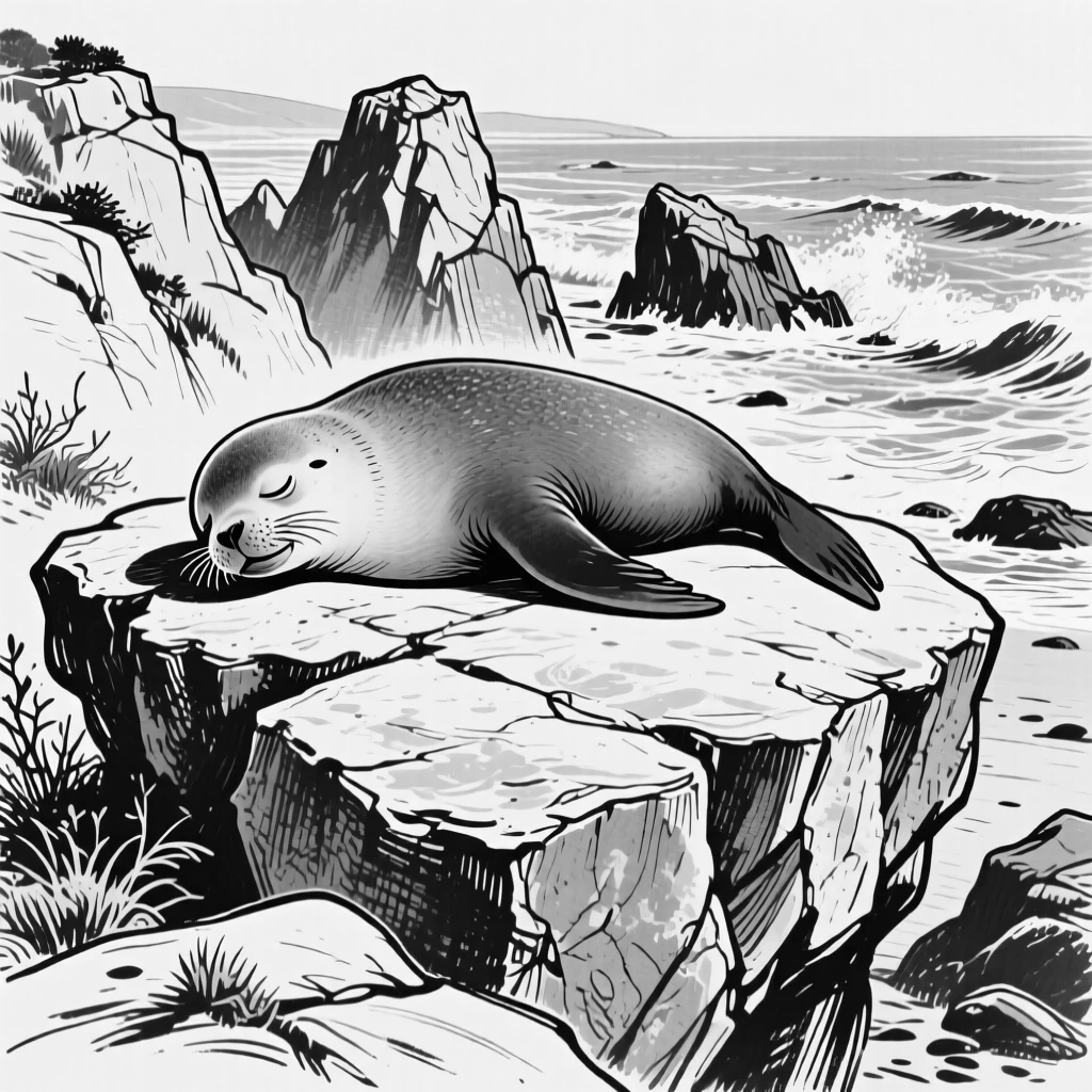A seal resting on a sun-warmed rock along a rugged coastline.