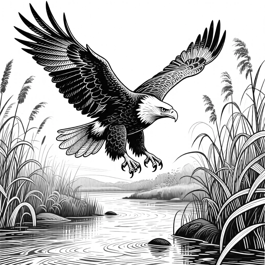 A soaring bald eagle beside a calm woodland stream, framed by tall reeds, capturing a fierce yet graceful moment in nature with a strong, centered focal point.