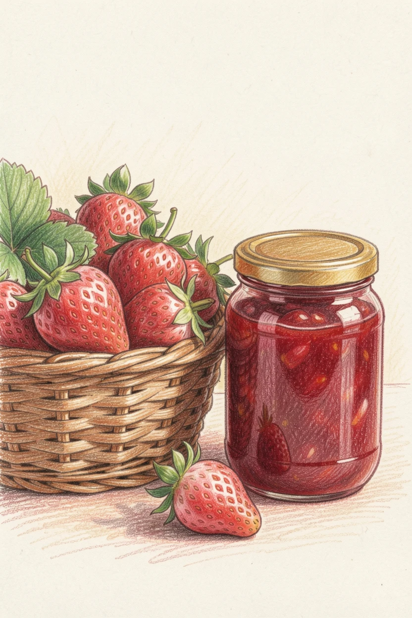 A basket of fresh strawberries beside a jar of homemade jam, with soft natural light highlighting the textures of the food, evoking comfort, warmth, and the simple pleasure of good food.
