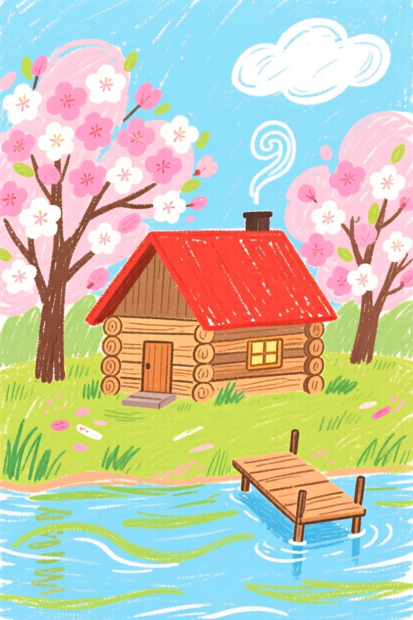 A view of a lakeside cabin framed by blooming cherry trees in spring.
