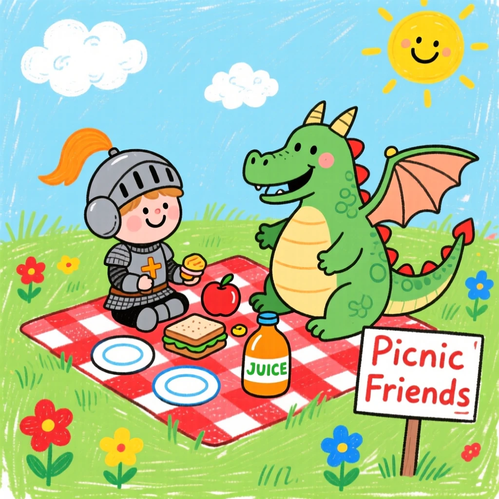 A knight and a friendly dragon sharing a picnic in a meadow.