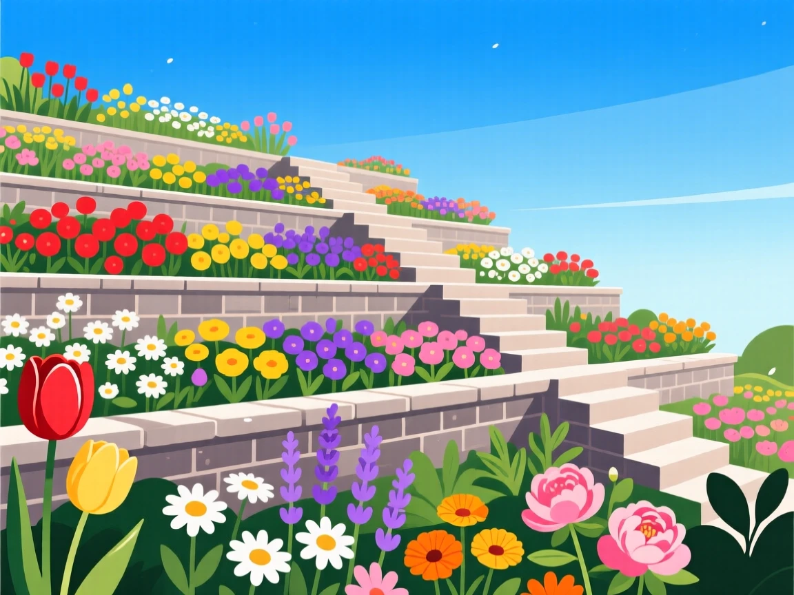 A cascading terraced garden bursting with seasonal blooms, beneath a vivid blue midday sky, arranged with a clear foreground, midground, and background, with a fresh, crisp clarity that highlights every detail.