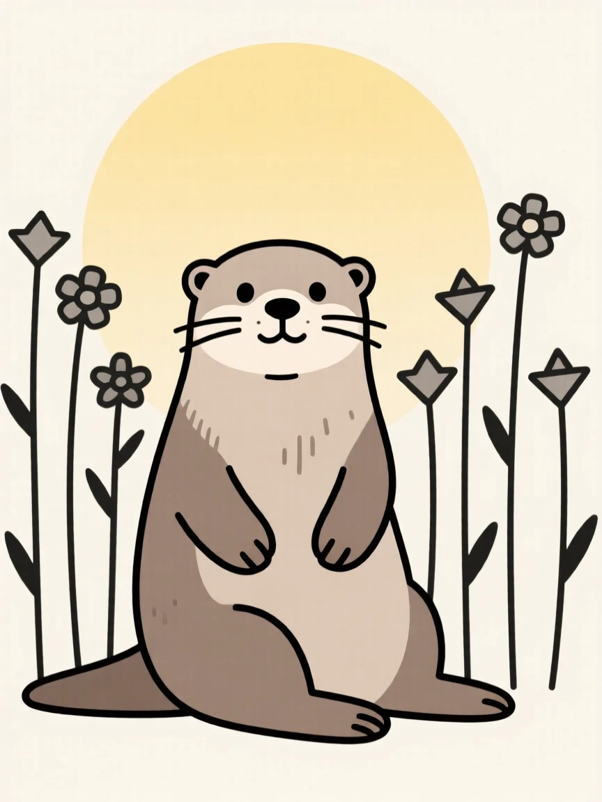 A curious sea otter pausing in a sunlit meadow, with tall wildflowers in the background, radiating calm contentment.