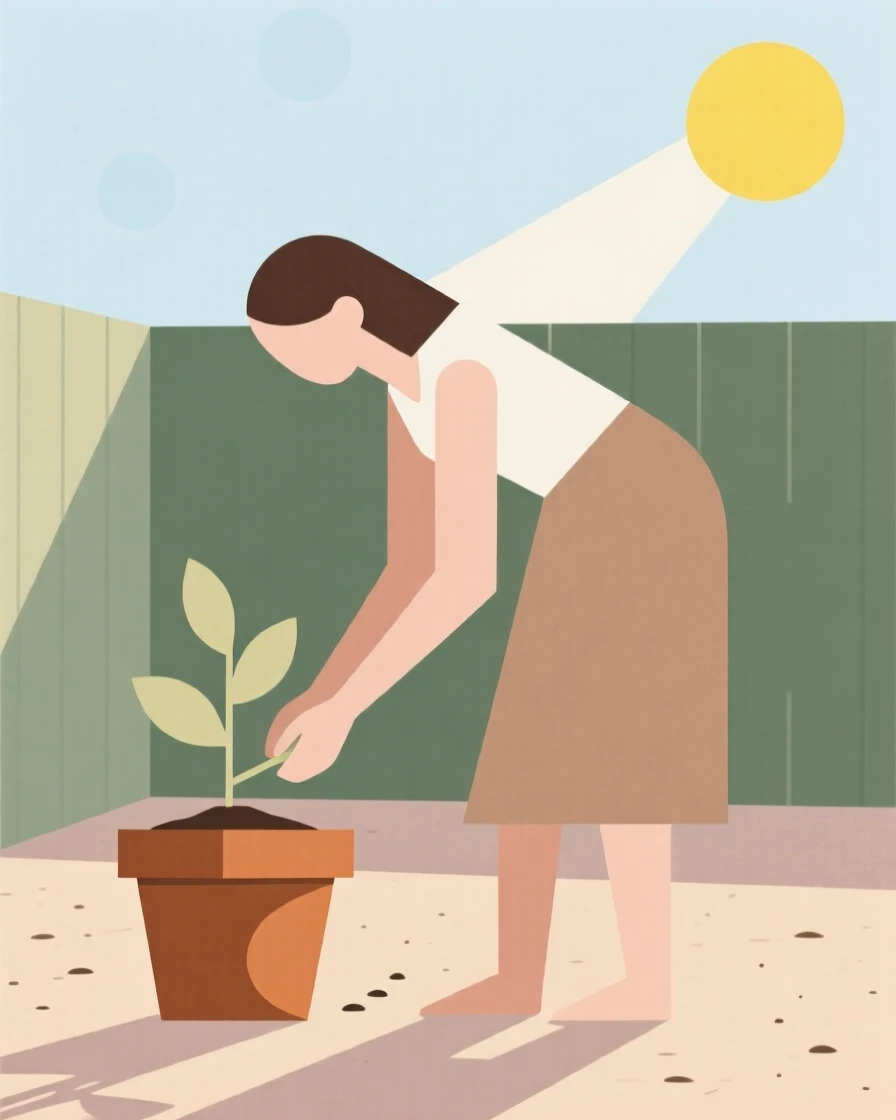 A woman gardening in a sunlit backyard