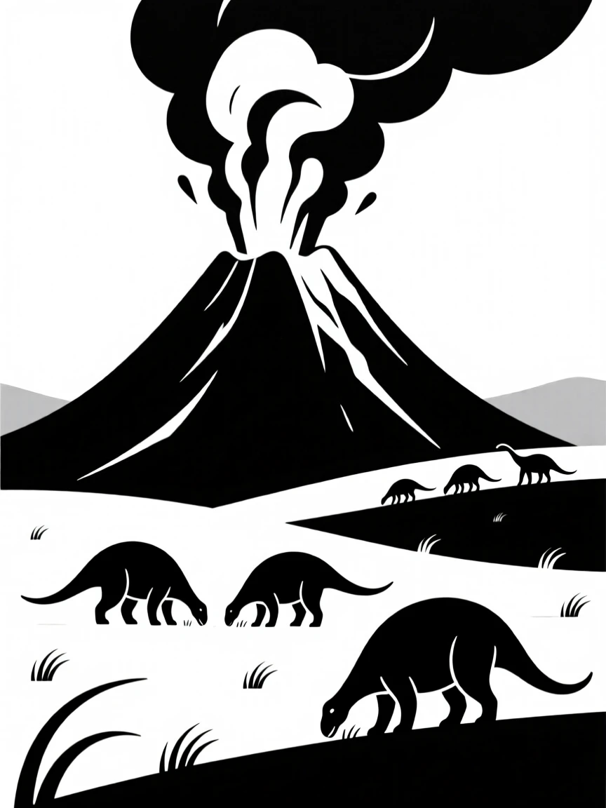 A volcanic eruption in the distance behind grazing dinosaurs.