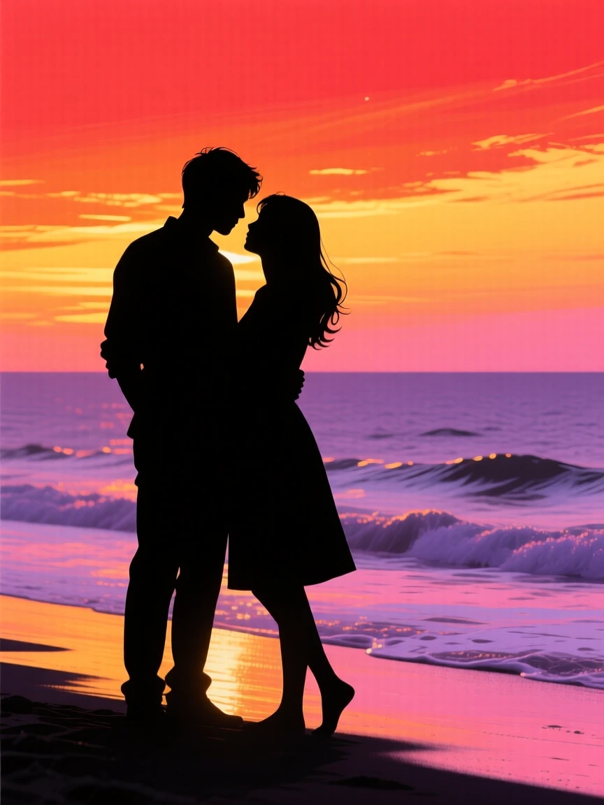 A couple standing at the edge of the ocean at sunset, silhouettes leaning into each other.