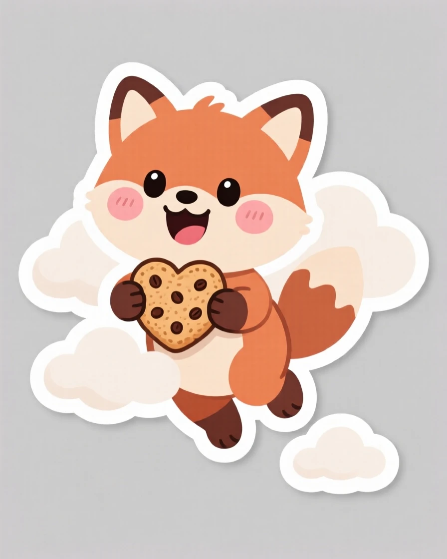 An overjoyed baby fox offering a heart-shaped cookie, floating among fluffy clouds.