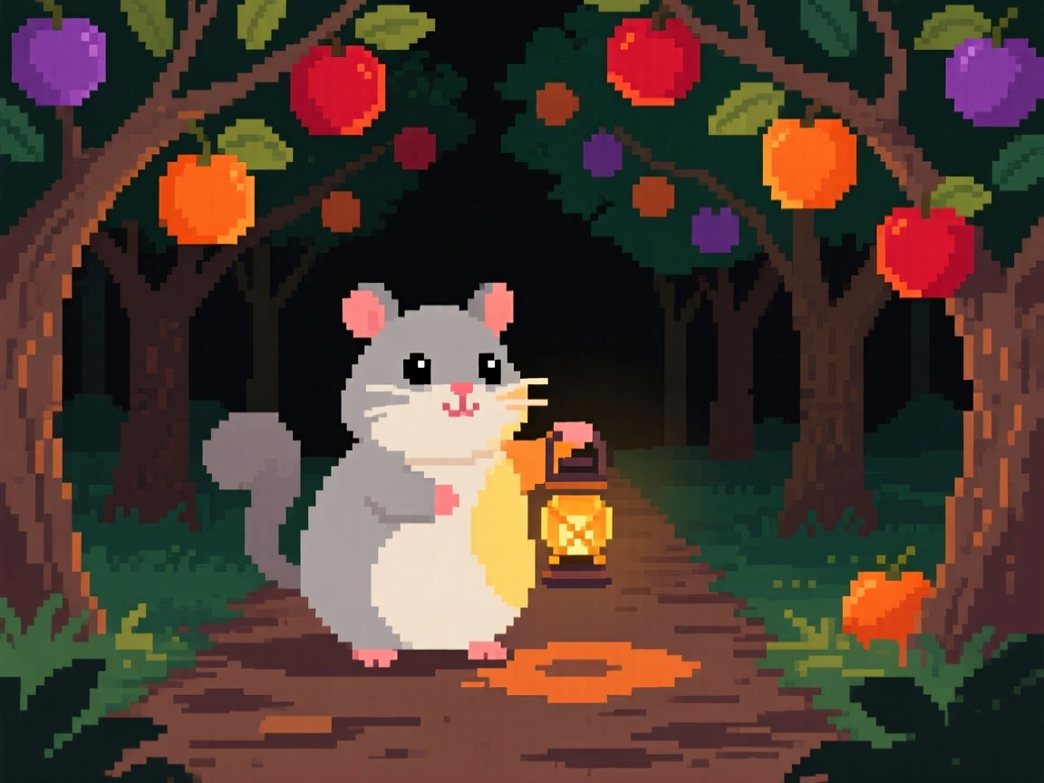 A chubby chinchilla holding a lantern on a dark forest path, in an orchard heavy with ripe fruit.