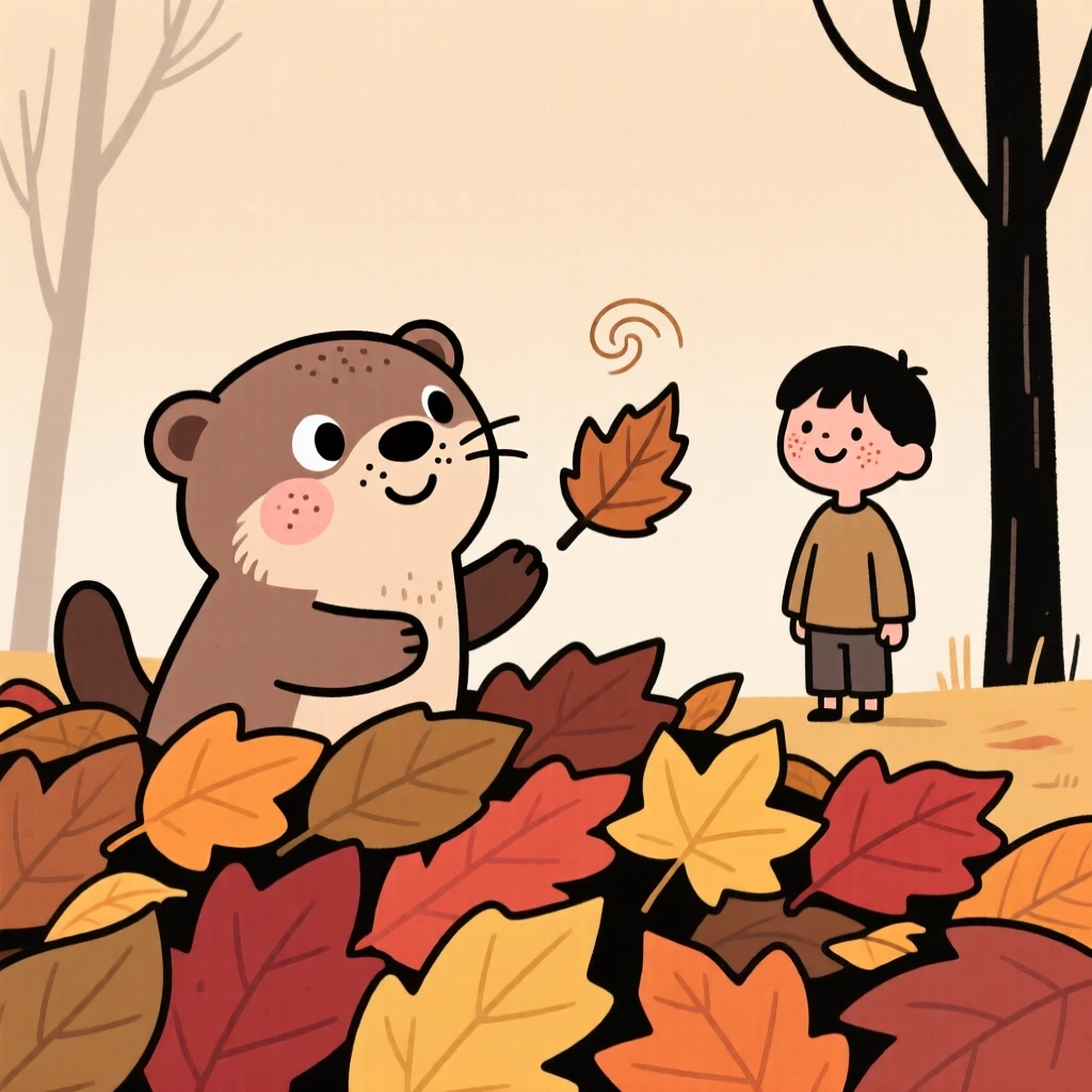 A soft-eared otter pup chasing a fallen leaf in a pile of autumn leaves, pausing to look up with curious, gentle eyes as a child watches from afar.