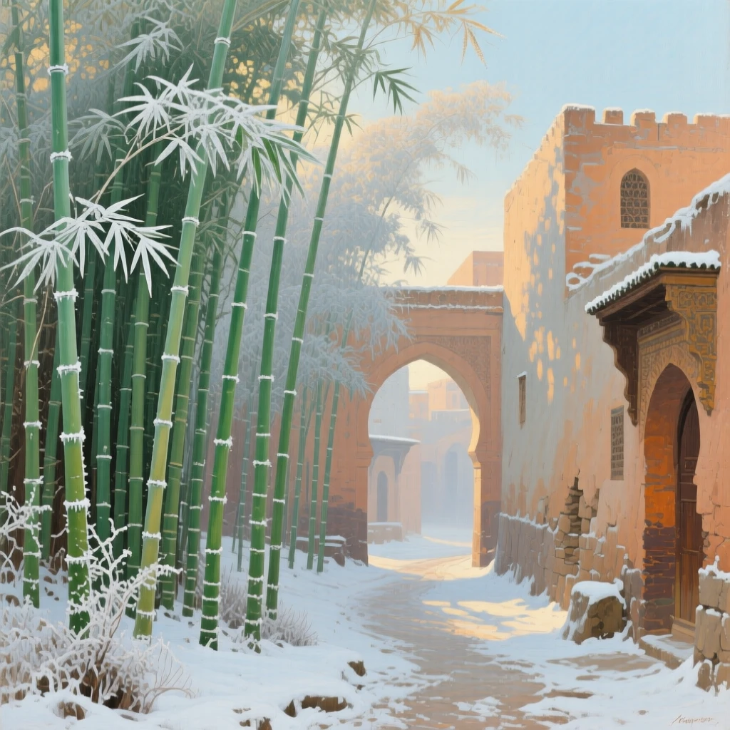 A sweeping wide shot of a bamboo forest with tall stalks swaying in a gentle breeze, in a Moroccan medina, in deep winter, beneath fresh fallen frost.