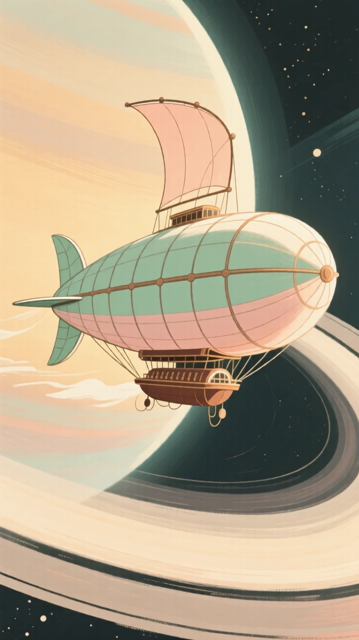 A whimsical airship sailing past Saturn's glowing rings