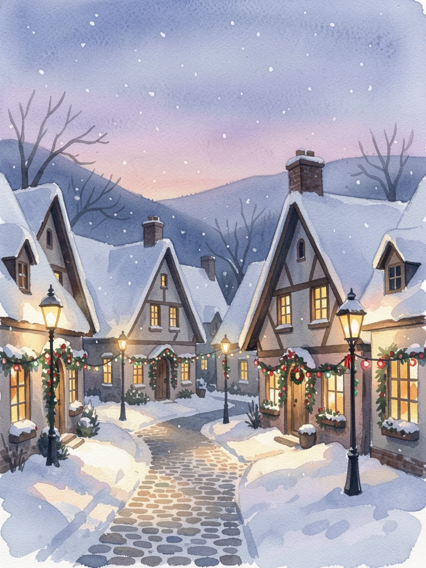 A snow-covered village with warmly lit windows at Christmas with festive decorations glowing softly.