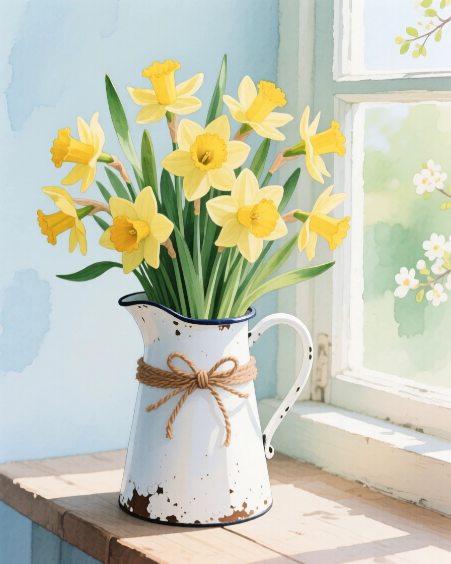 A bouquet of daffodils tied with twine sits in a chipped enamel pitcher beside an open spring window