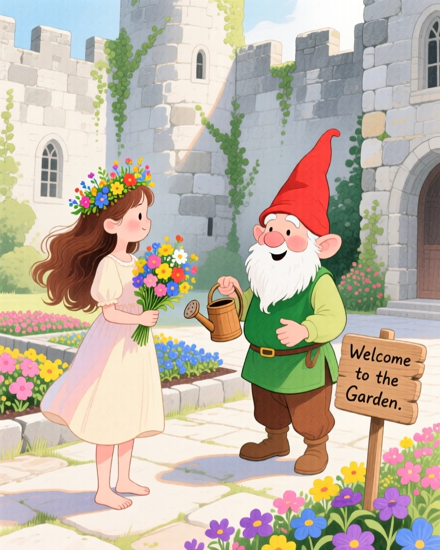 A barefoot girl with flowers in her hair meeting a cheerful gnome gardener in an ancient stone castle.