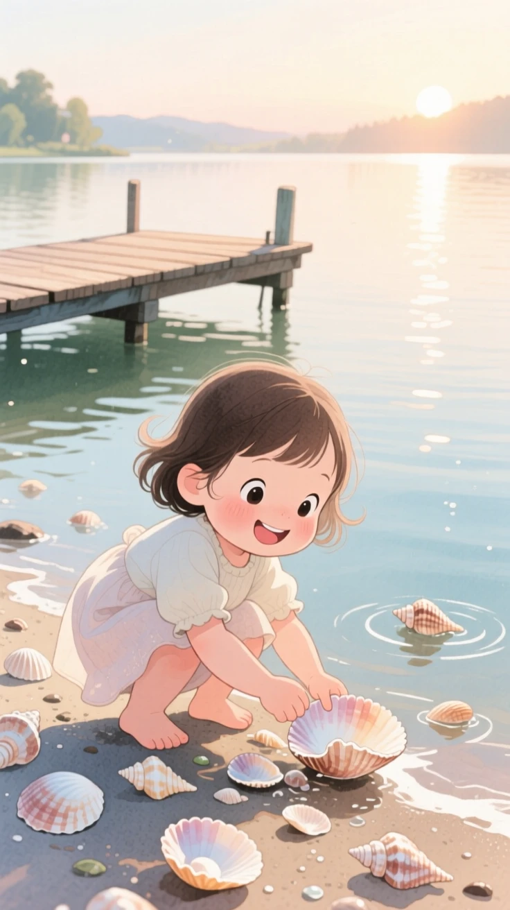 A giggling toddler girl collecting seashells along the shoreline, in a lakeside dock at early morning, radiating sweetness and gentle curiosity.