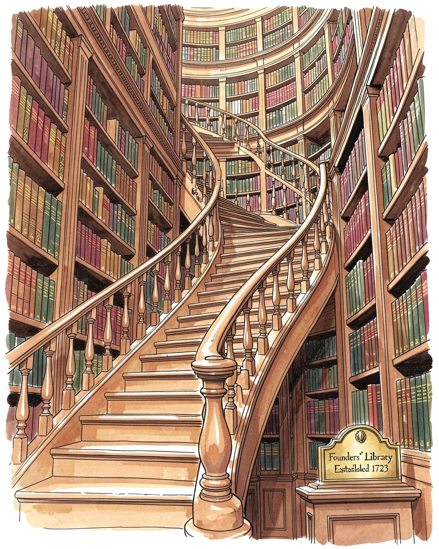 A grand staircase winding through a centuries-old library filled with towering shelves of leather-bound books