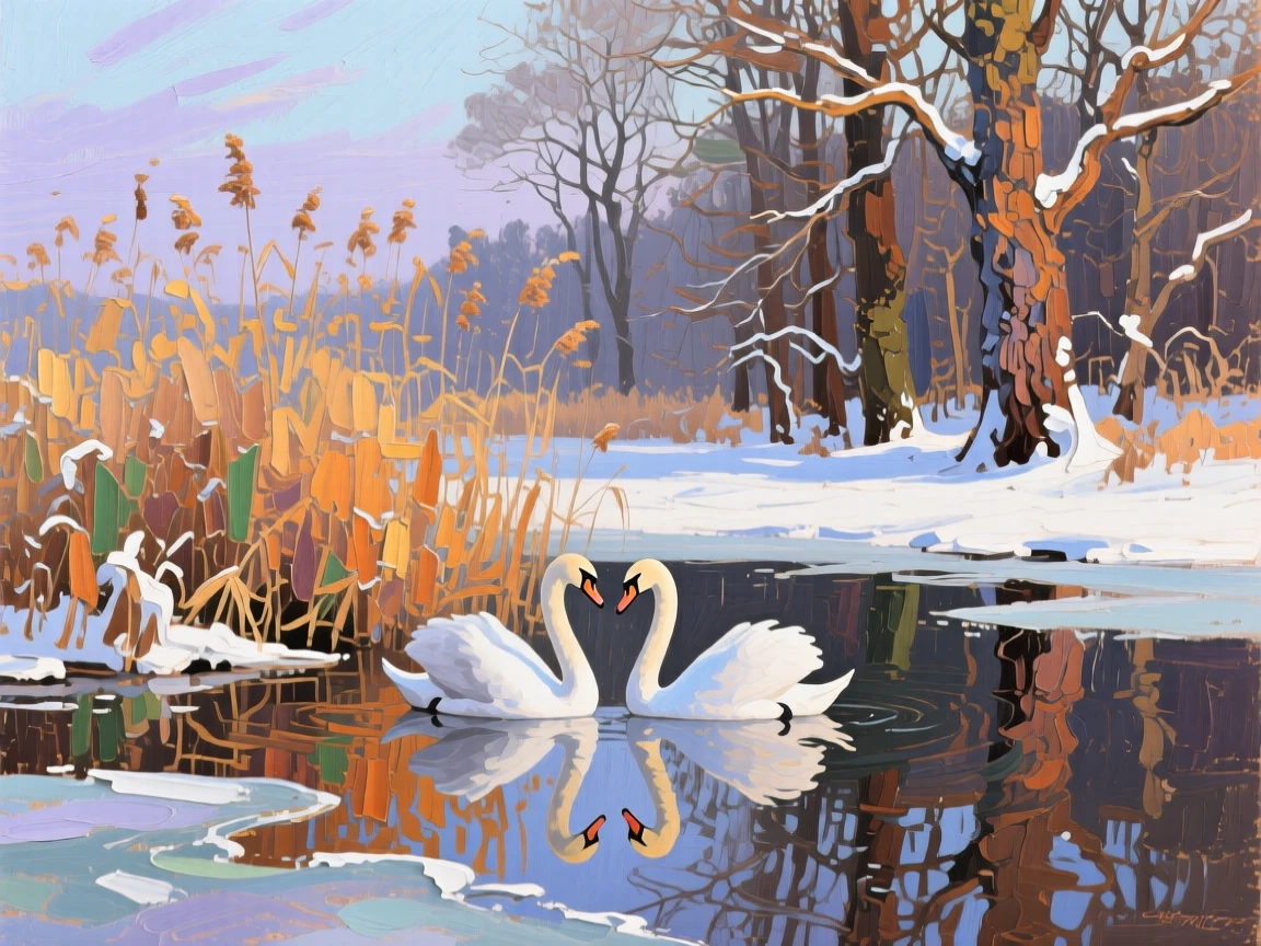 a pair of swans passing reeds at the forest edge, on a still winter afternoon, with a balanced, spacious view of the surroundings.