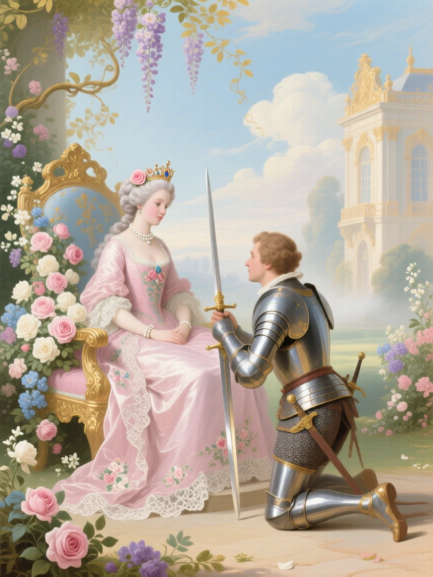 A knight laying his sword before a queen seated on a throne of flowers  