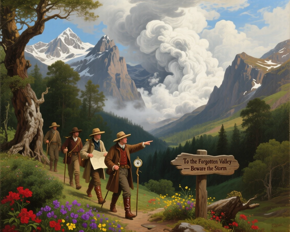 A team of explorers traverses a hidden valley ringed by peaks as an avalanche of cloud rolls past.