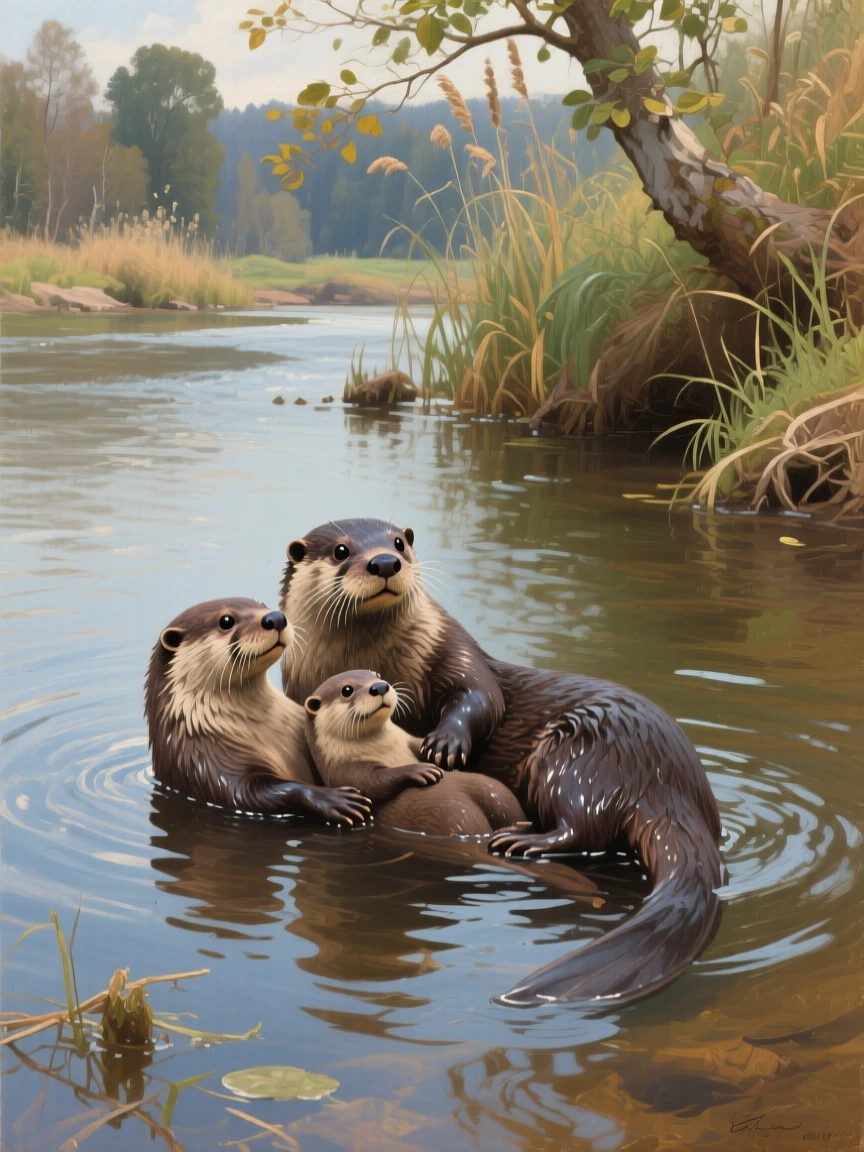 A family of otters floating together on their backs in a calm river, its eyes sharp and fully alert to the surroundings, offering a striking, emotionally resonant wildlife portrait