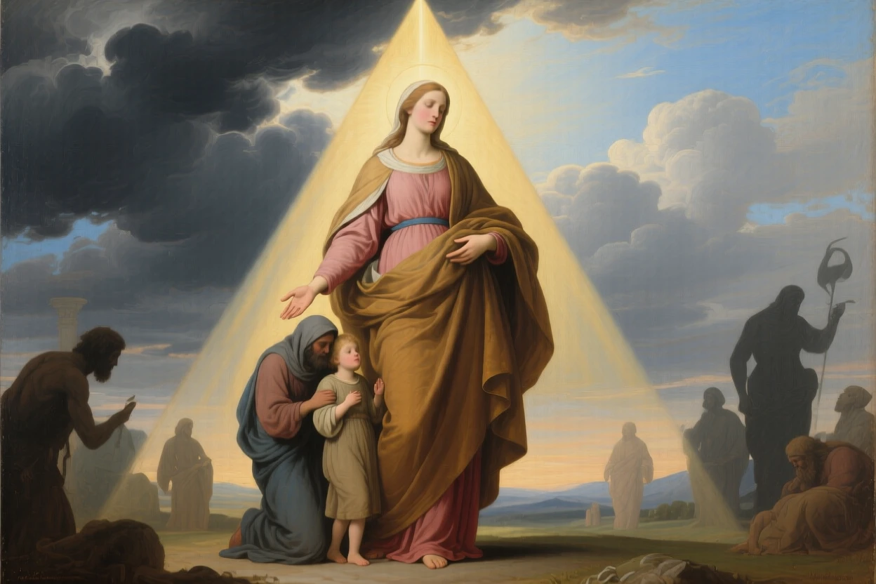 The spirit of Charity sheltering the poor beneath her cloak as unseen forces of fate quietly converge, set beneath a sky divided between storm and radiant light, with a single ray of light illuminating the central symbolic gesture; a triangular arrangement lends the scene classical stability and gravity, evoking profound meditation on fate, virtue, and the human condition.