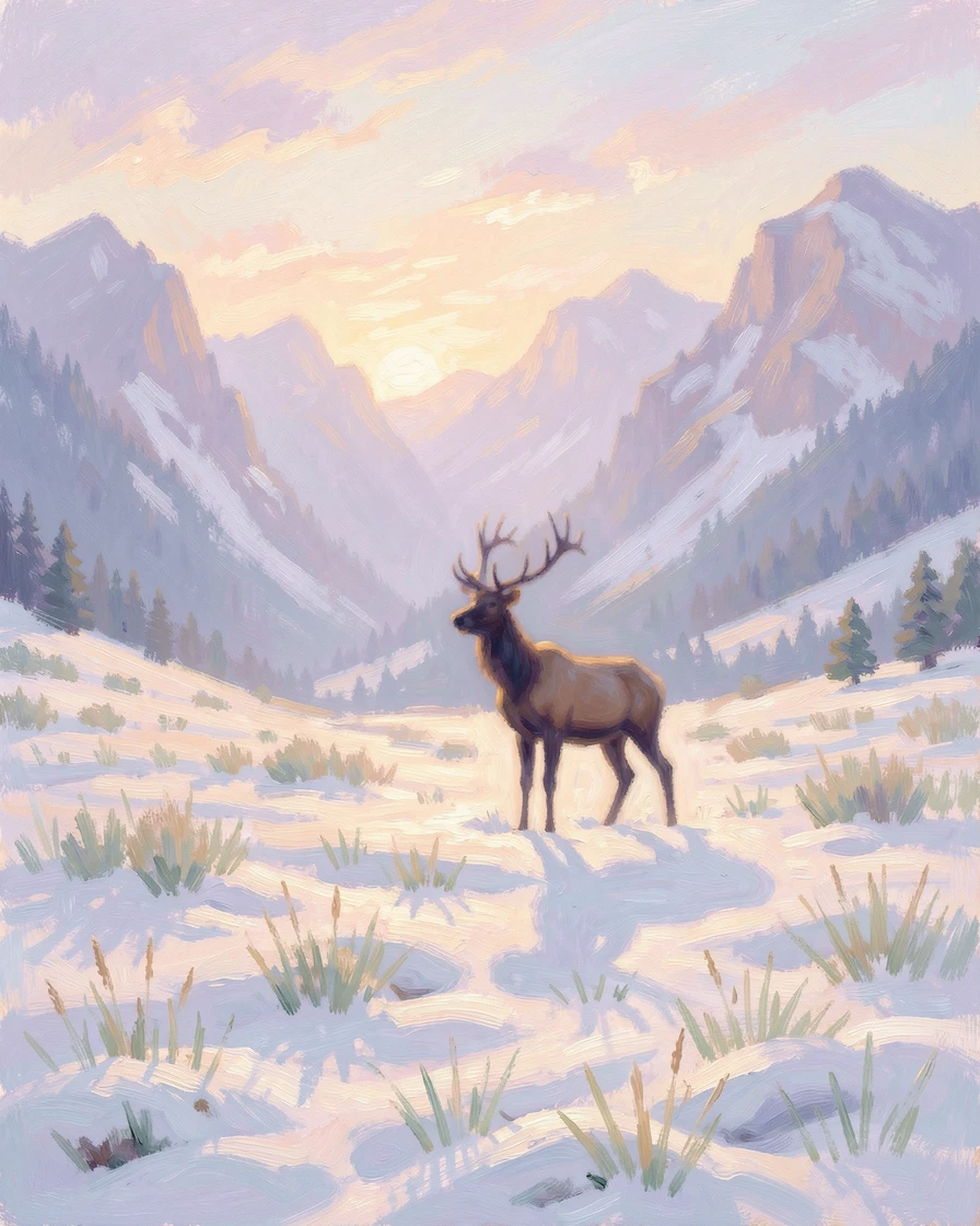 A snowy mountain meadow where a lone elk stands silhouetted against the dawn sky.