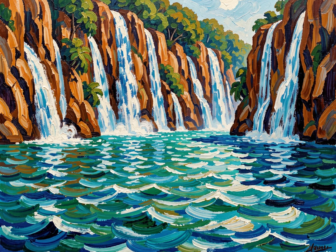 A wide tropical lagoon surrounded by cliffs, waterfalls tumbling into the turquoise water.