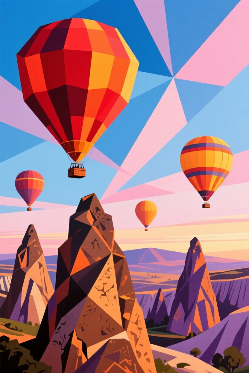 Cappadocia's hot air balloons drifting above surreal rock formations at dawn.