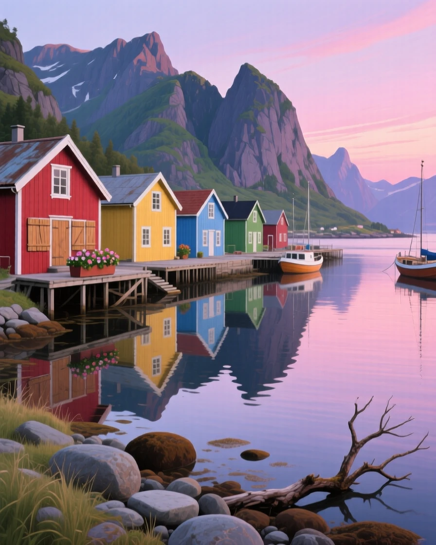A quiet fishing harbor in Norway shows colorful wooden houses reflected in still fjord water, mountains rising steeply behind under a soft pink evening sky, small natural details like scattered stones and fallen branches adding quiet interest to the ground.