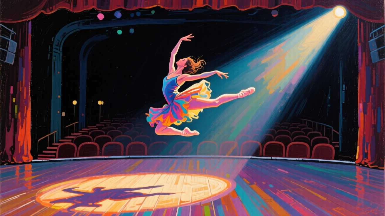 A dancer captured mid-leap on an empty theater stage, spotlight cutting through darkness
