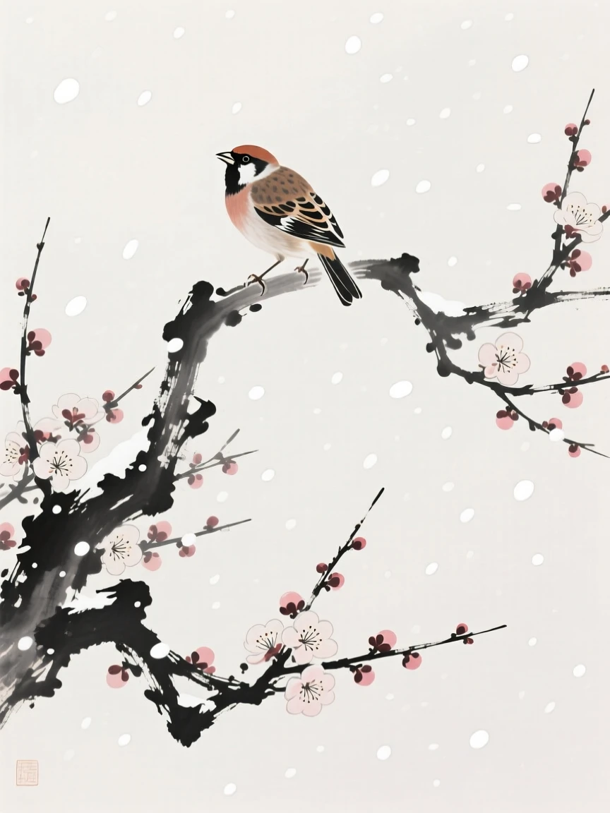 A finch sings from atop a flowering plum tree, as snow begins to fall softly.