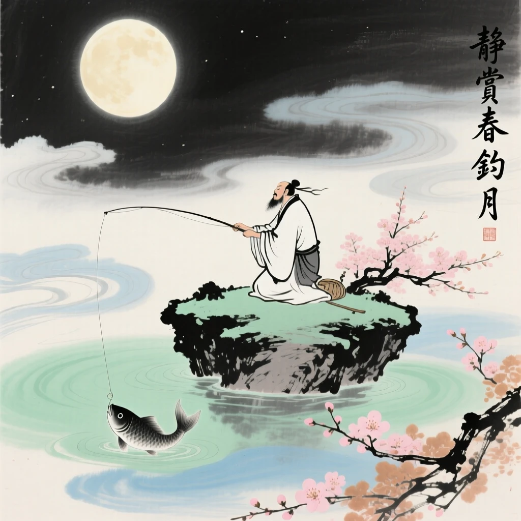 An immortal fisherman casting a line from a floating island in the clouds, full of quiet reverence, under a full moon, as spring blossoms unfold.