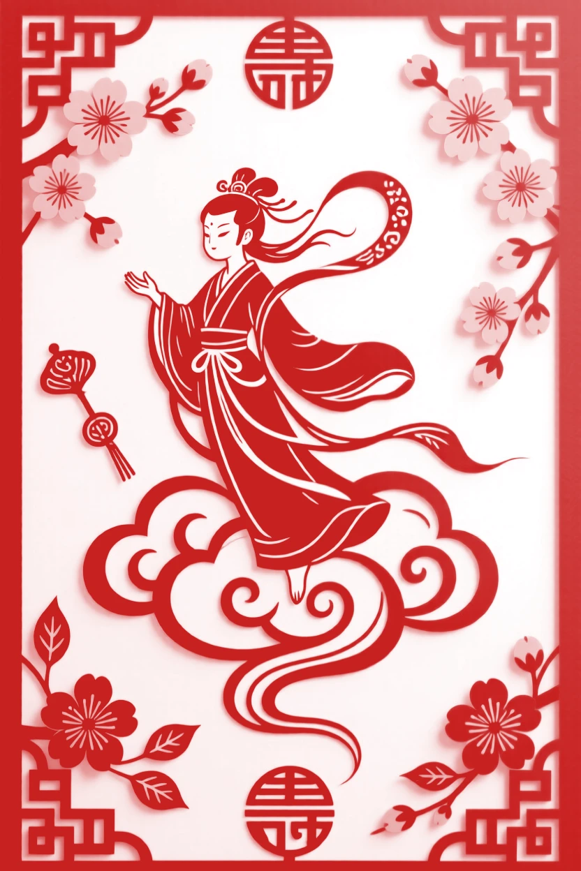 A young immortal, descending from the heavens on a swirling cloud, while cherry blossoms swirl in the sacred wind.