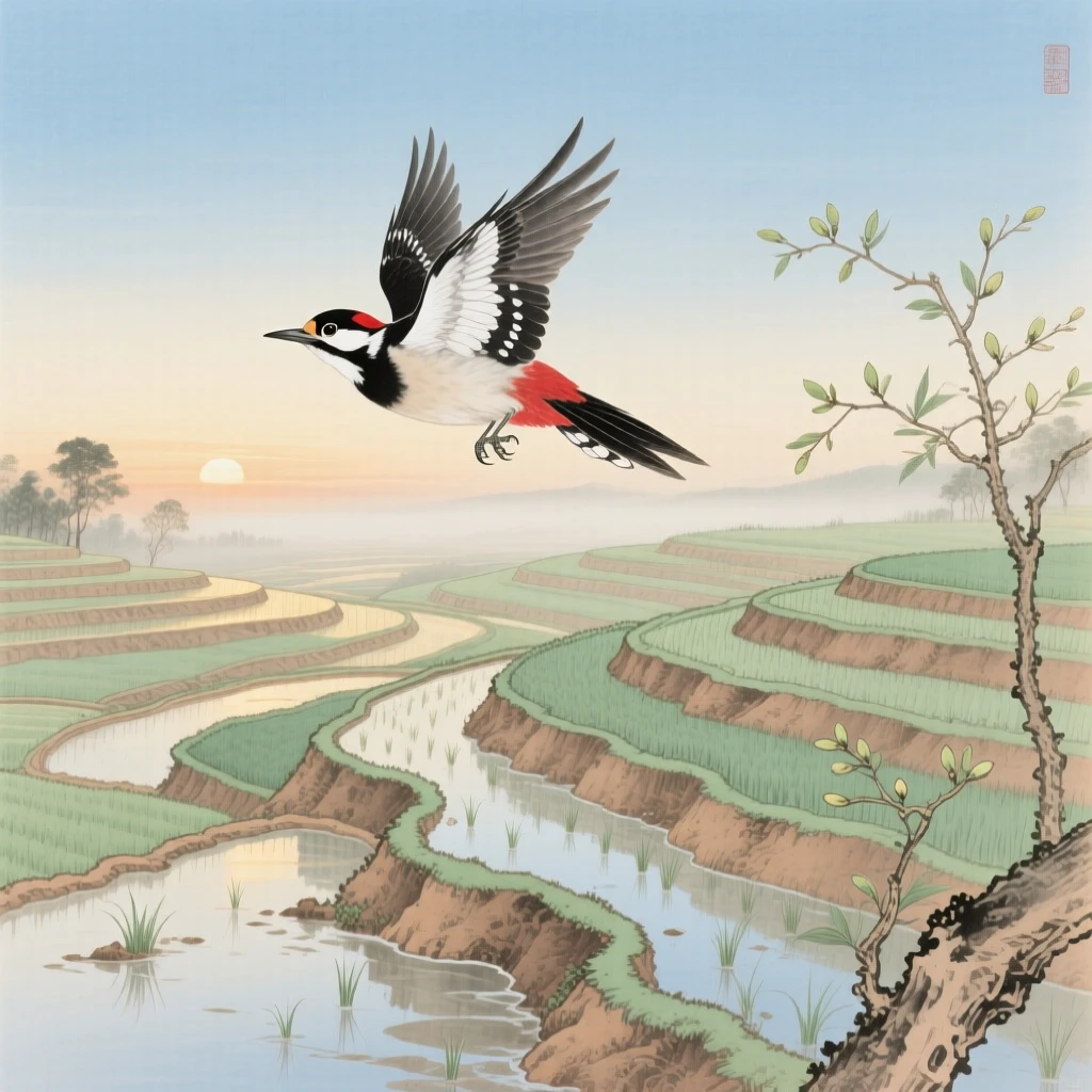 A woodpecker soaring above terraced rice paddies, soft morning light filtering through the branches