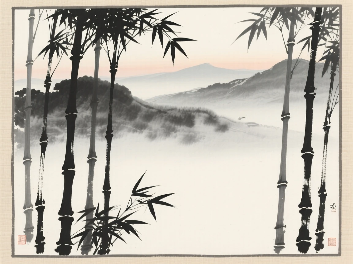 A grove of tall bamboo framed by distant, hazy mountains, set against a soft gradient of misty background, celebrating the fleeting beauty of the season.