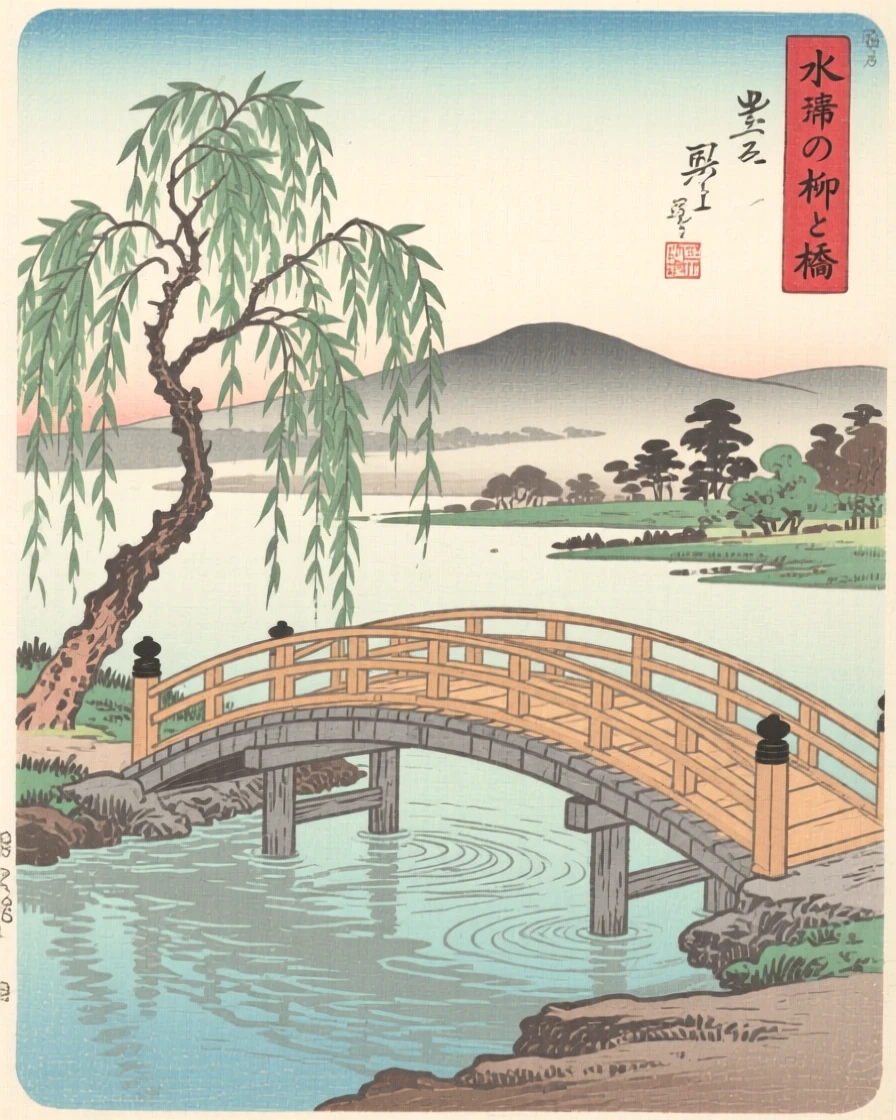 A willow tree trailing over still water, crossed by a simple wooden footbridge.