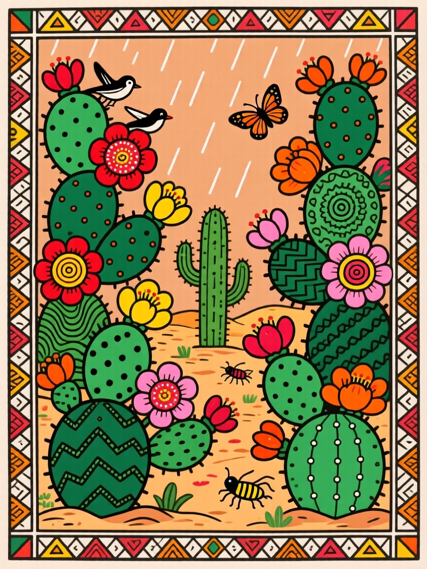 A cactus garden blooming with bright flowers after a rare desert rain.
