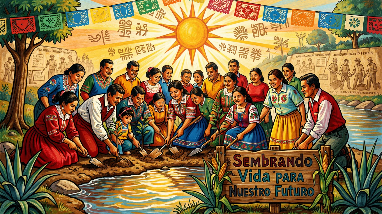 A community gathered to plant trees along a riverbank