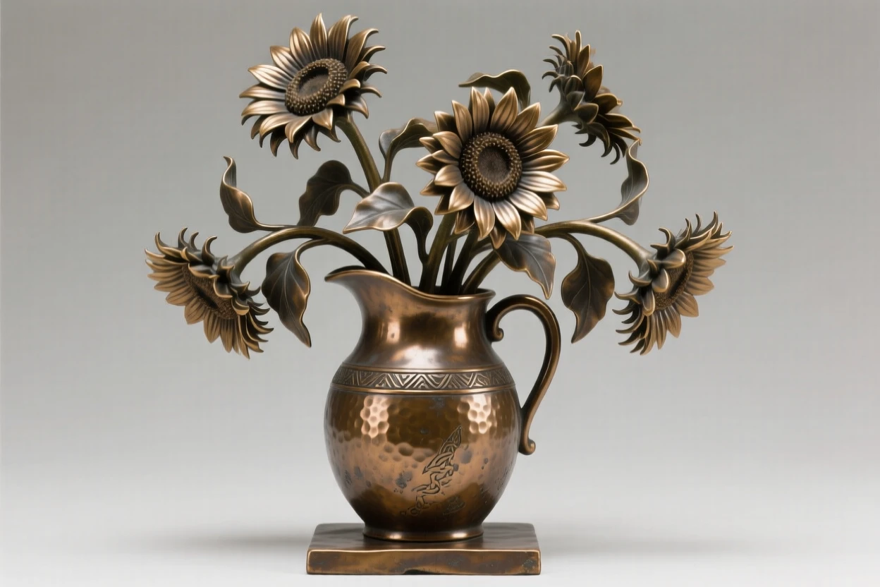 A still arrangement of sunflowers in a rustic pitcher, rendered with soft natural light and rich texture, forming an elegant, balanced composition