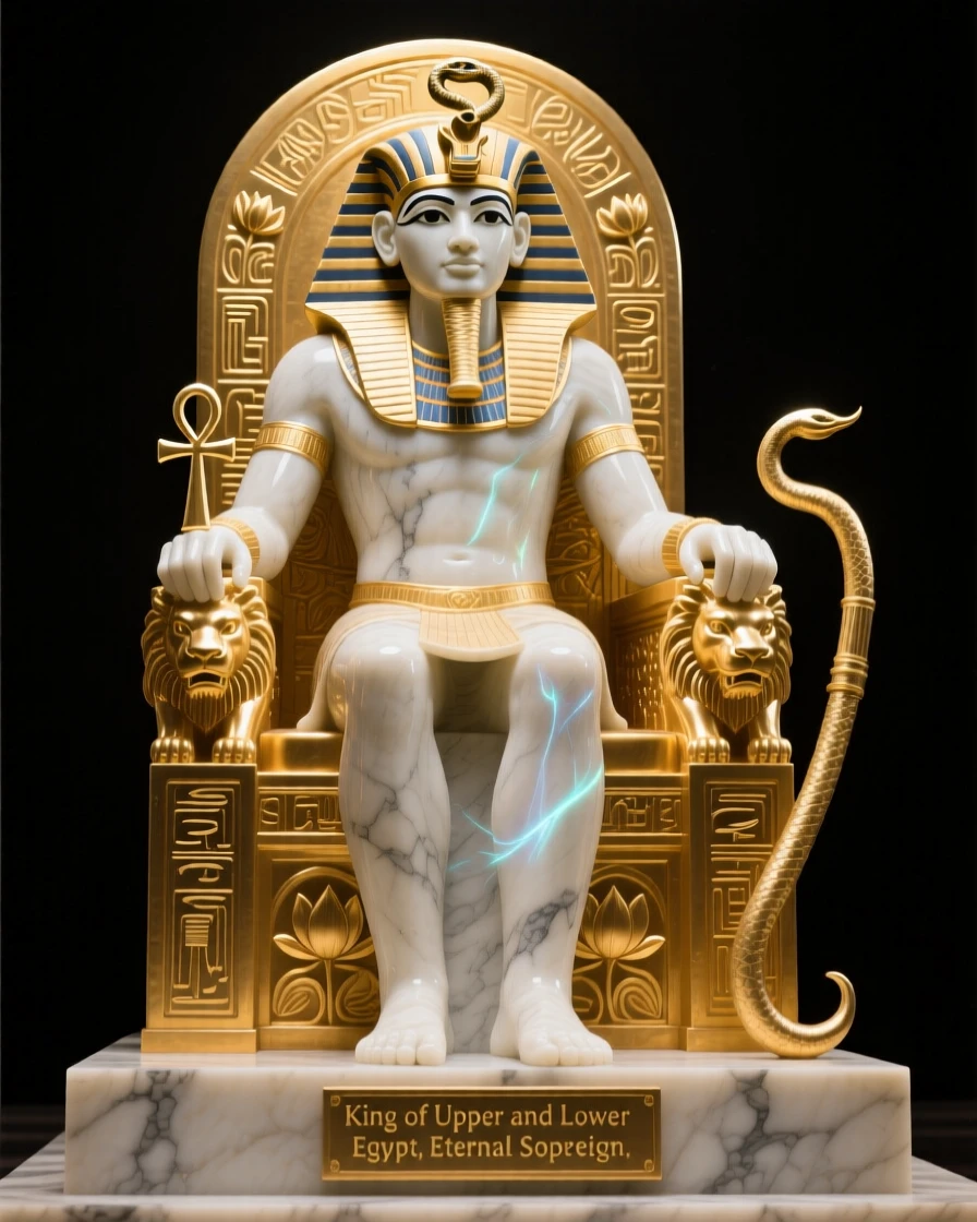 A pharaoh seated upon a golden throne, bathed in an otherworldly glow, radiating power and legend