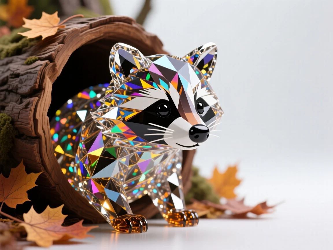 A raccoon peeking curiously out of a hollow log in an autumn forest.