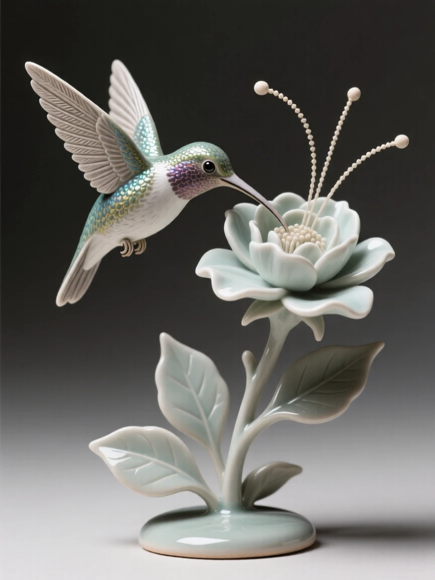 A hummingbird hovering beside a blossom resting quietly amid soft foliage, with delicate antennae catching the breeze, evoking lightness, freedom, and grace.