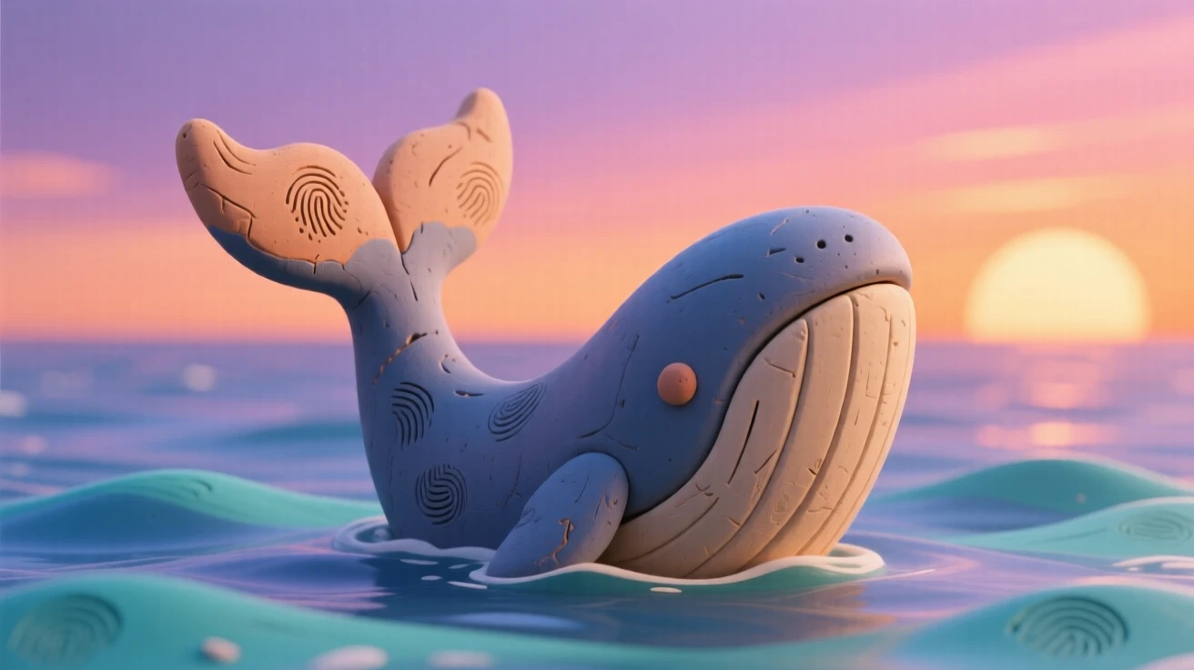 A whale's tail rising gracefully above calm ocean water at sunset