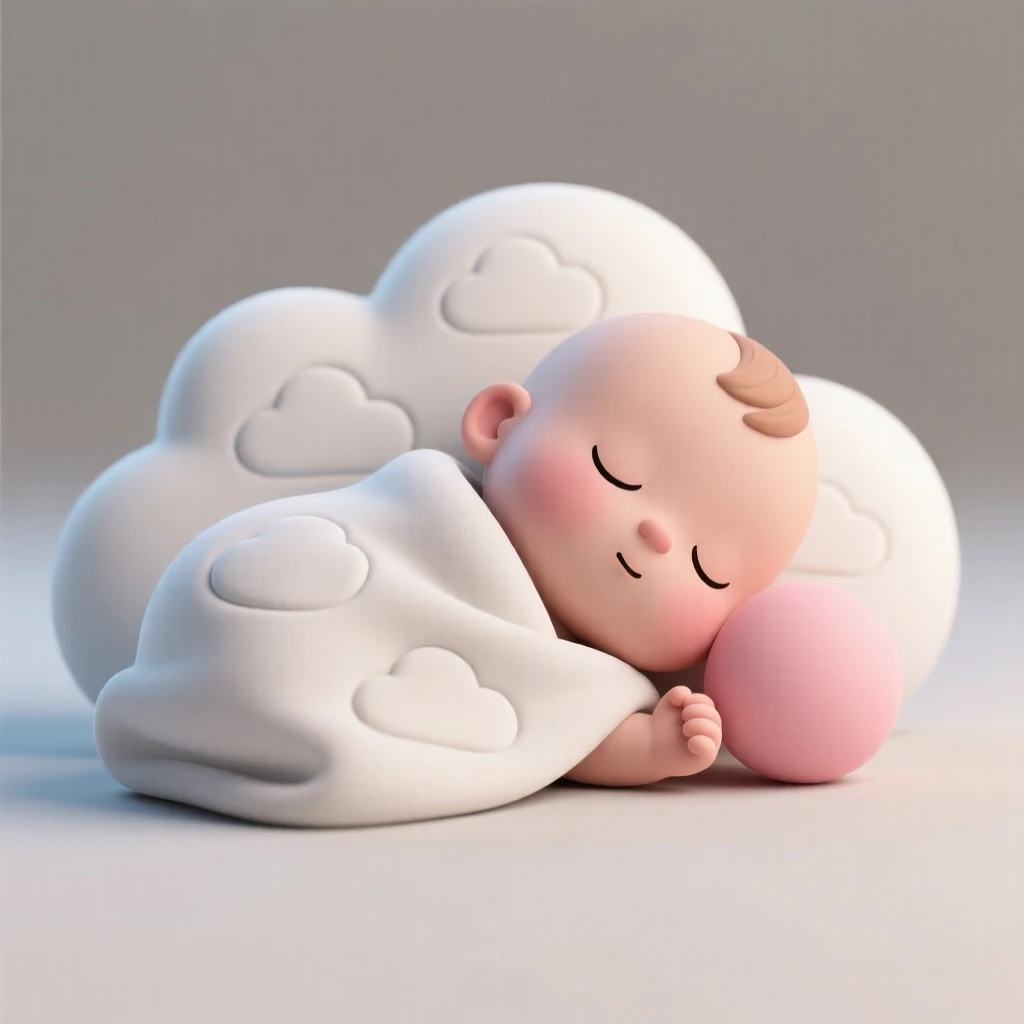 An infant sleeps peacefully swaddled in a soft cloud-patterned blanket, one tiny fist curled beside a rosy cheek.