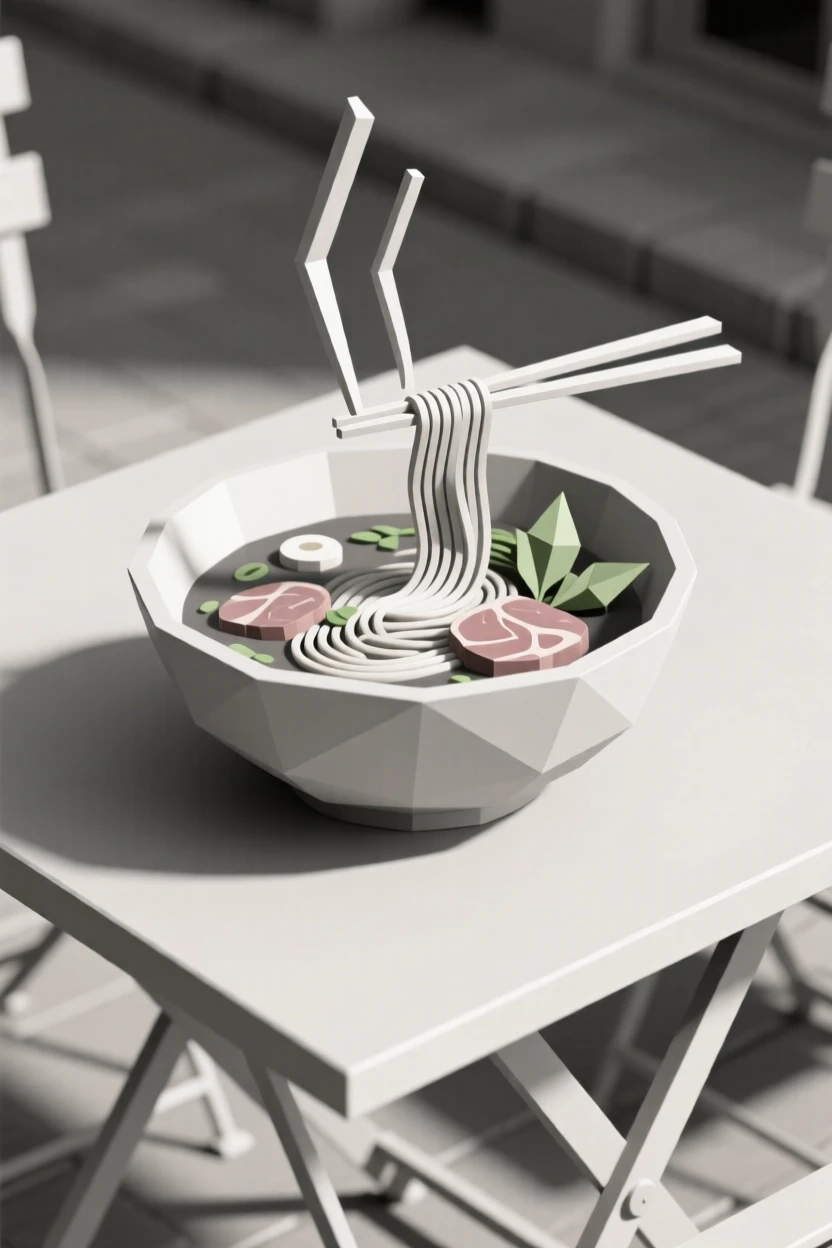 A bowl of steaming pho with fresh herbs, at an outdoor café table. soft natural light highlights rich textures and colors. The scene feels warm and comforting.