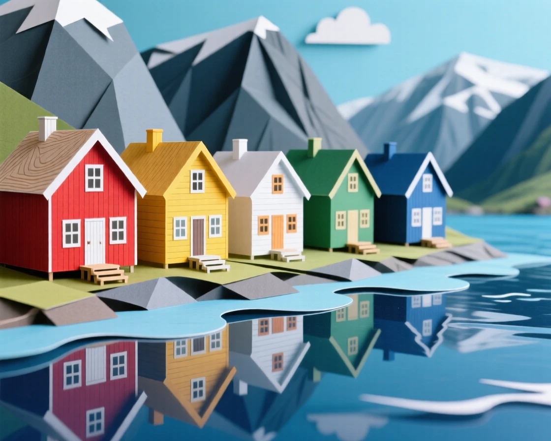 A dramatic fjord village with brightly painted wooden houses reflected in still water, mountains rising steeply behind them, evoking Scandinavian charm.