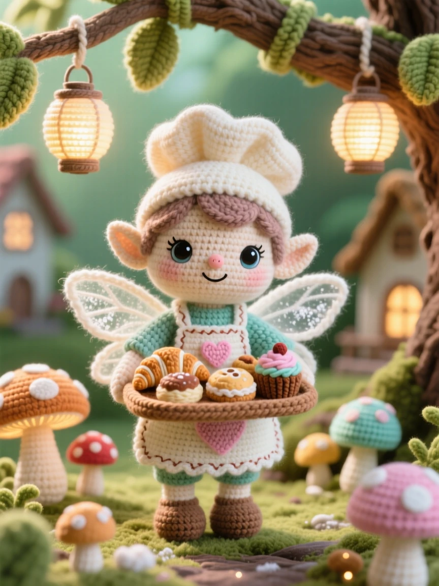 In a sunlit treetop village strung with lanterns, a tiny pixie baker with flour dusted wings is captured carrying a tray of miniature pastries, surrounded by a cluster of luminous mushrooms, filled with joyful mischief and sparkling delight.